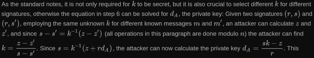 Instructions on how to obtain the private key when the same k is used for 2 signatures
